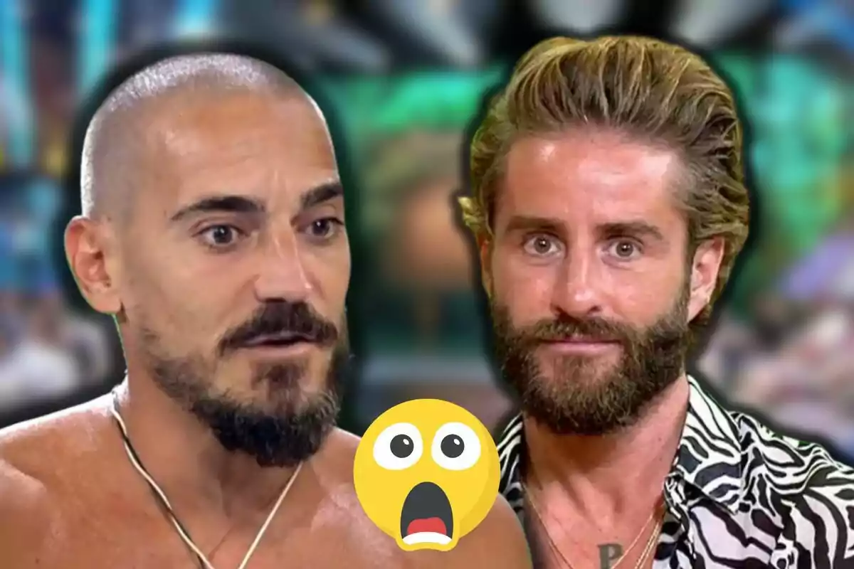 Damián Quintero i Pelayo Díaz miren al davant i al centre hi ha un emoji de cara sorpresa.
