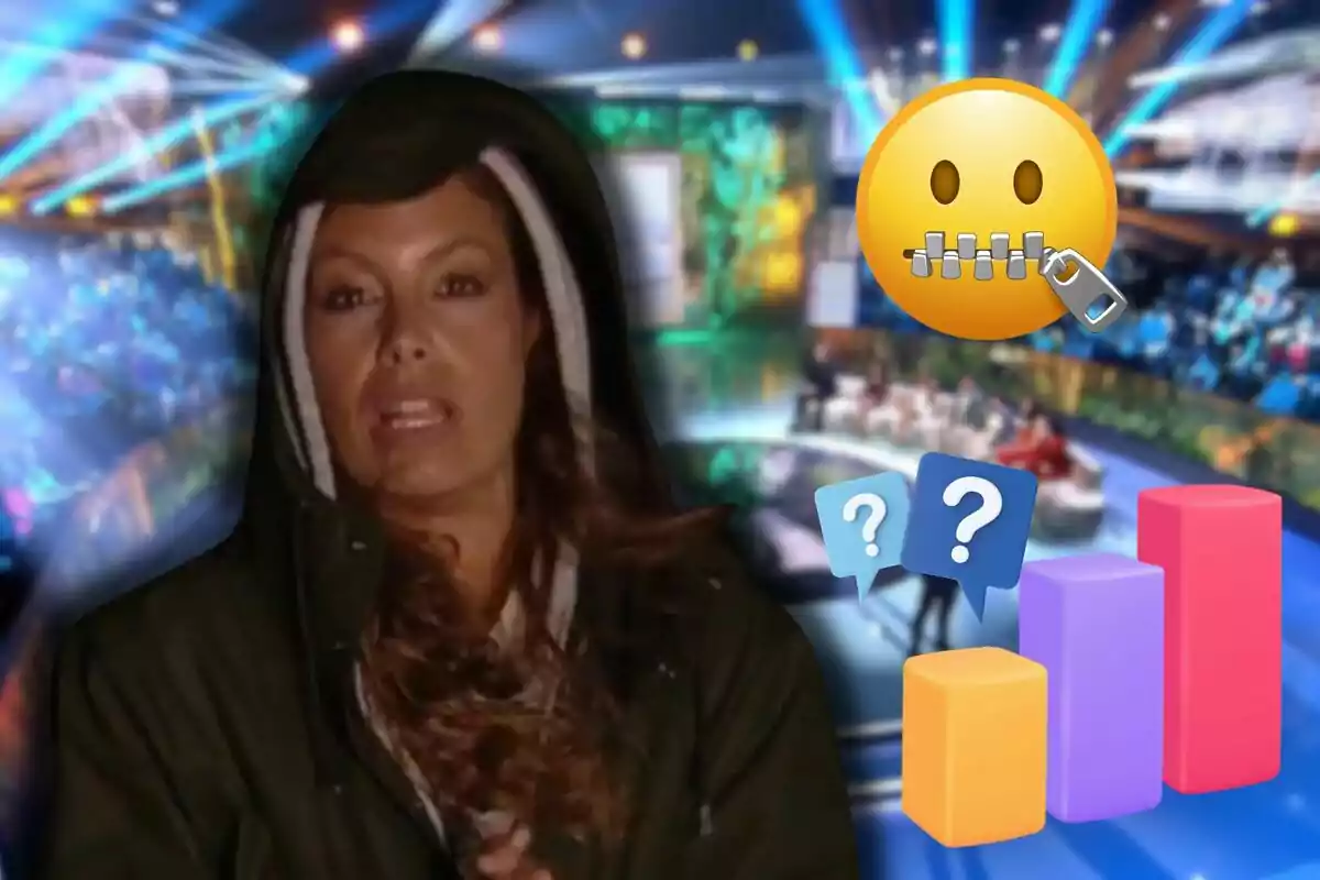 Laura Madrueño amb caputxa en un entorn d'espectacle televisiu amb emojis de boca tancada, signes d'interrogació i gràfics de barres.