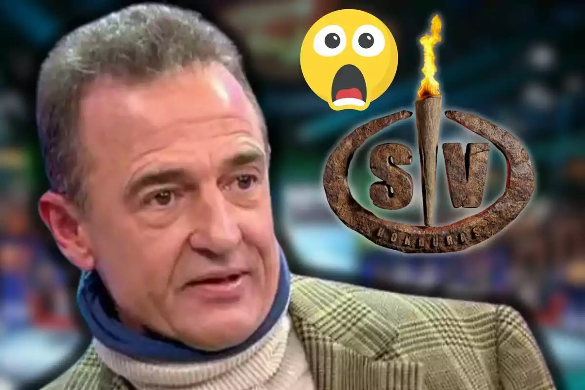 Alessandro Lequio amb expressió seriosa en primer pla, al fons un emoji sorprès i el logotip d’un programa de televisió amb una torxa encesa