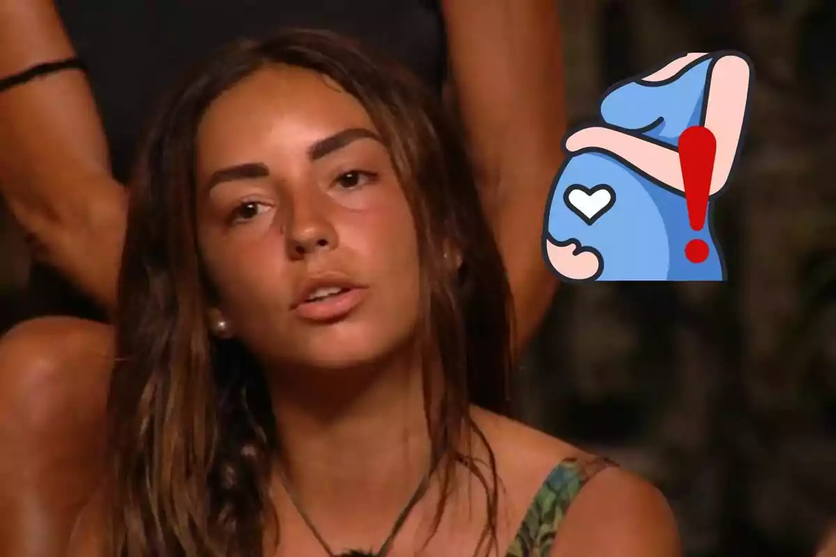 Anita amb expressió seriosa i un dibuix d’una dona embarassada amb un signe d’exclamació al fons