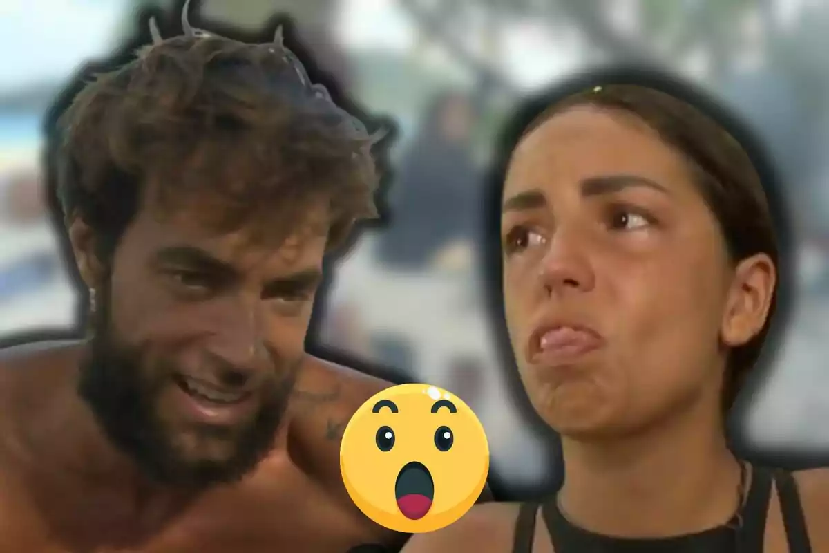 Montoya somriu mentre l’Anita plora i treu la llengua, al centre hi ha un emoji de cara sorpresa.
