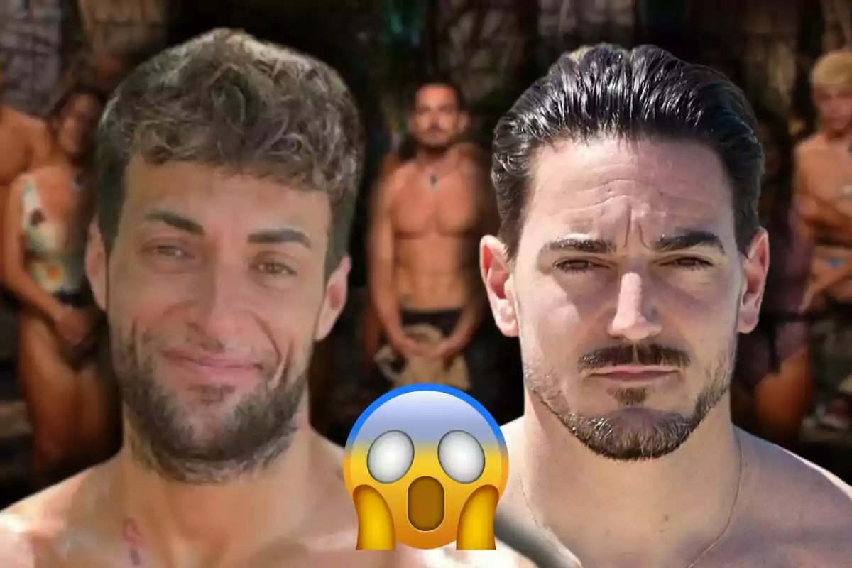 Montoya i Damián Quintero amb expressions facials diferents i un emoji sorprès en primer pla, amb un grup de persones al fons. Montoya i Damián Quintero amb expressions facials diferents i un emoji sorprès en primer pla, amb un grup de persones al fons.
