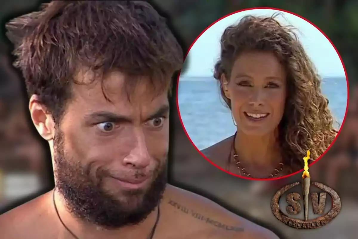 Montoya amb expressió sorpresa i Laura Madrueño en un requadre circular sobre un fons de platja, amb un logotip a la cantonada inferior dreta.
