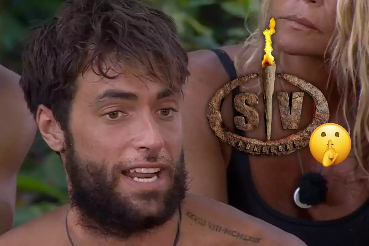 Montoya parla mentre està assegut a l'aire lliure, acompanyat d'una dona rossa, amb un logotip d'un programa de televisió i un emoji de silenci superposats a la imatge.