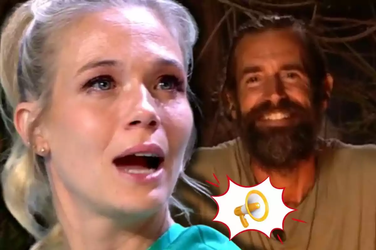 Patricia Montero amb una expressió de sorpresa o emoció en primer pla i Álex Adrover somrient al fons, al costat d’un dibuix d’un megàfon groc