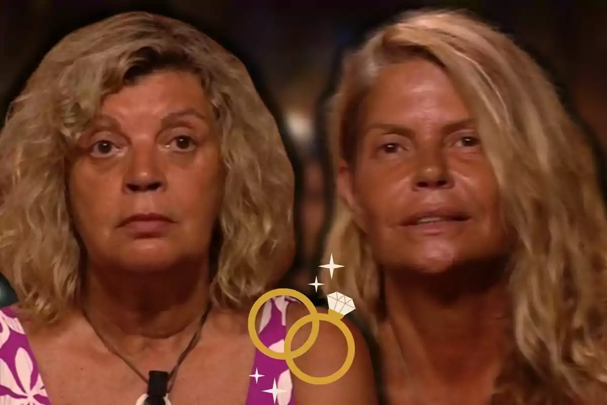 Terelu Campos i Makoke amb expressió seriosa apareixen a la imatge, amb un gràfic d'anells daurats superposat a la part inferior.