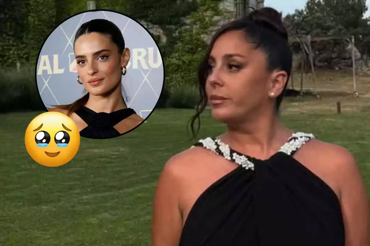 Anabel Pantoja with her hair up and wearing a black dress with decorated straps looks to the side in a garden, while in the upper left corner there is a circle with the portrait of Susana Molina and a face emoji with sparkling eyes.