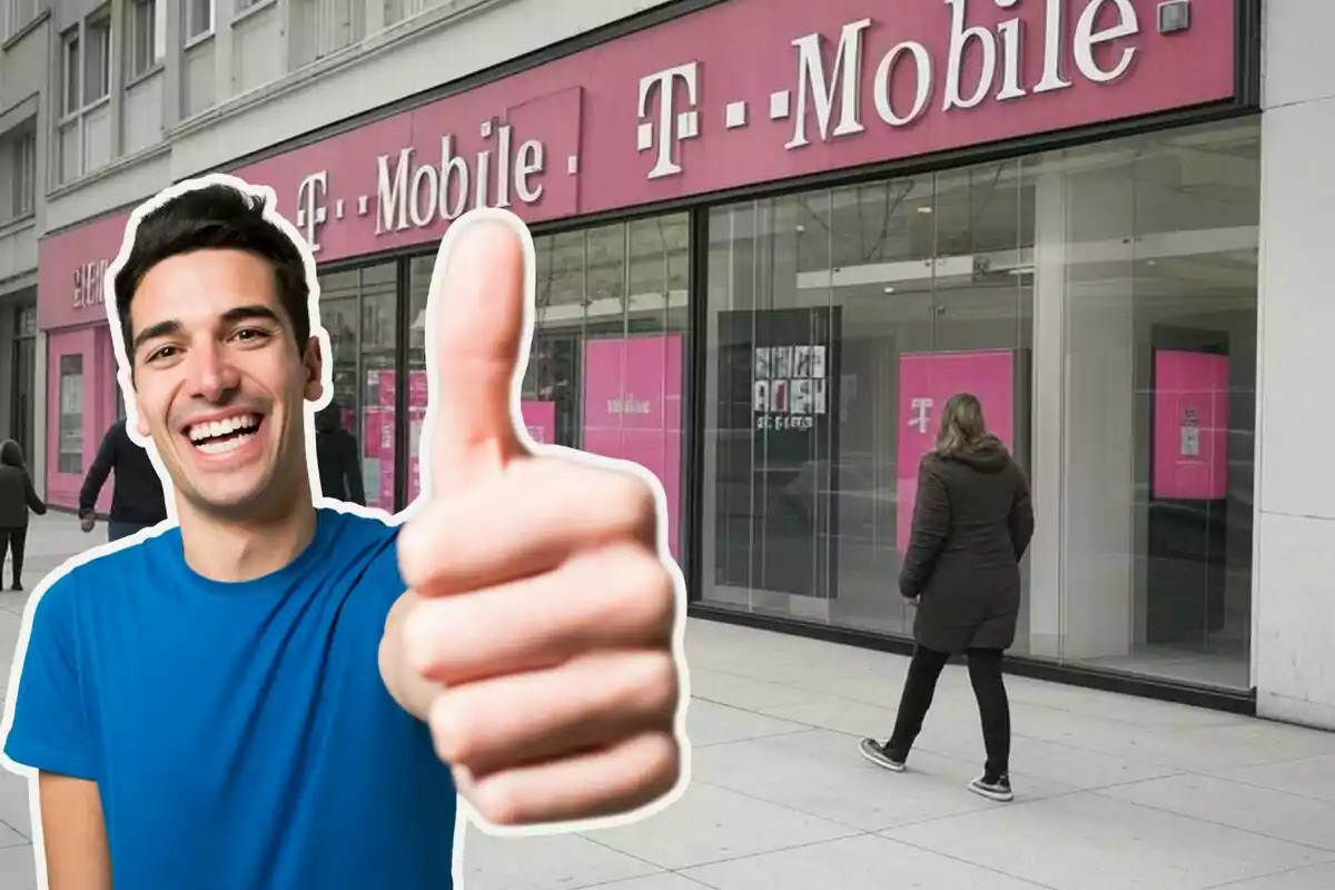 A smiling man in a blue t-jersey gives a thumbs-up in front of a T-Mobile store.