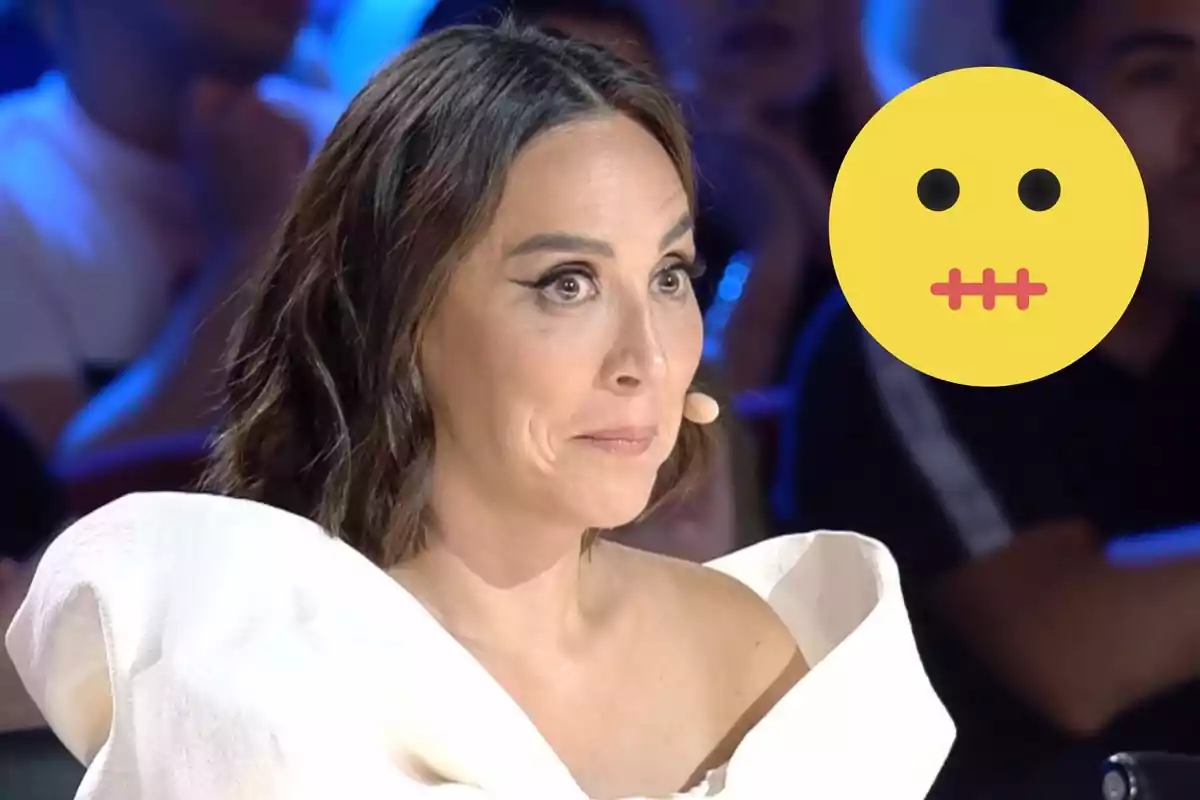 Muntatge amb Tamara Falcó, amb expressió sorpresa a 'Got Talent', i un emoji de cara amb la boca cosida