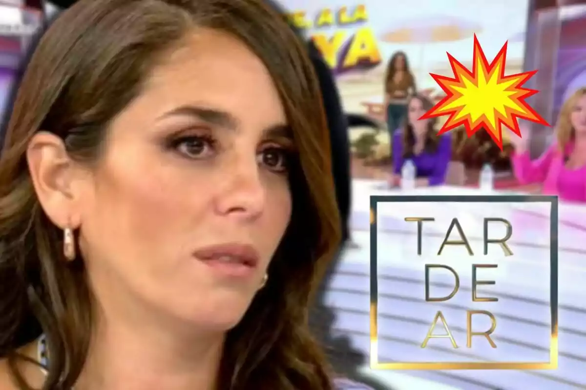 Anabel Pantoja amb expressió seriosa en un programa de televisió amb el logotip "TardeAR" i un gràfic d'explosió al fons.