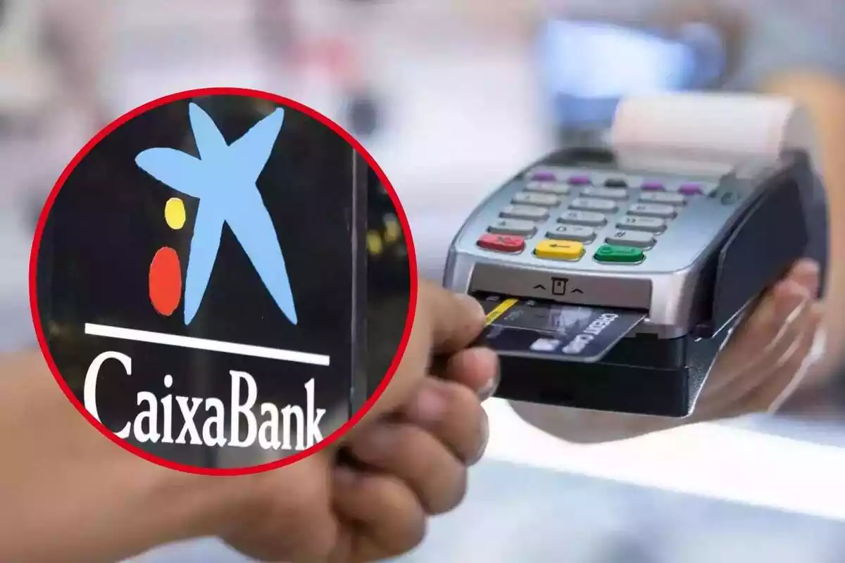 Muntatge amb una imatge d'una persona pagant amb una targeta de crèdit i un cercle amb el logotip de CaixaBank