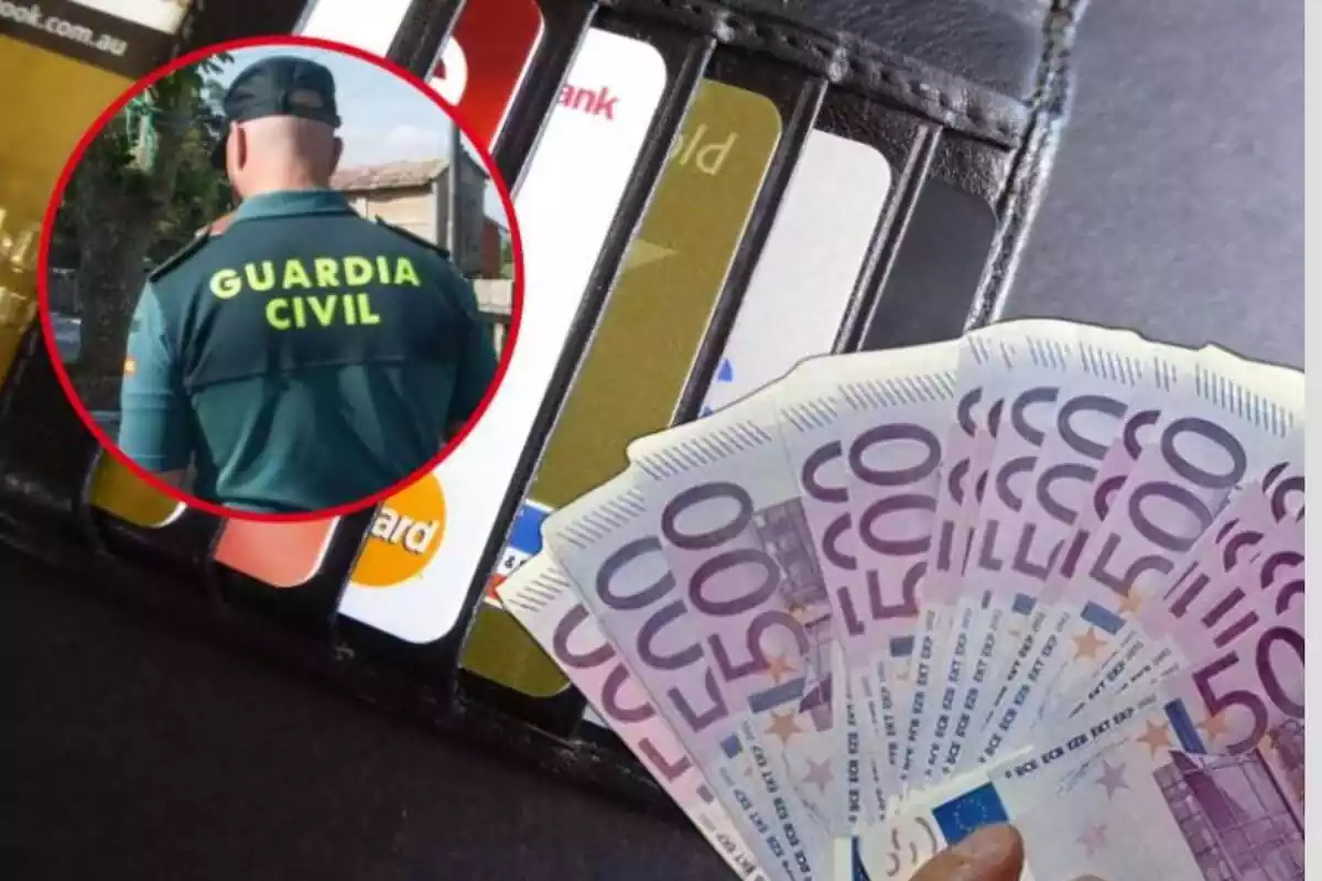 Muntatge de targetes de crèdit, bitllets de 500 euros i guàrdia civil