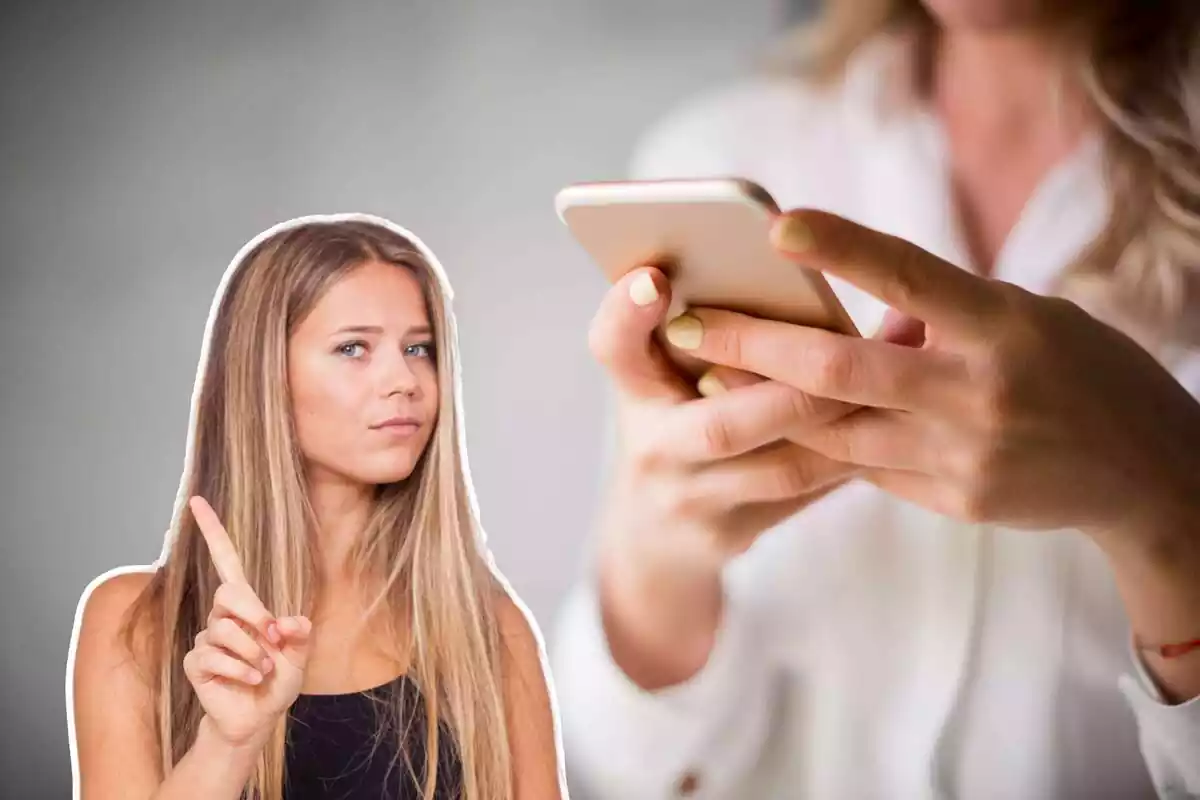 Muntatge d´un telèfon mòbil i una noia dient que no amb el dit