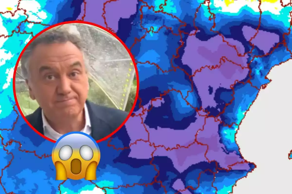 Home amb expressió sorpresa sobre un mapa meteorològic amb colors freds i un emoji de sorpresa.