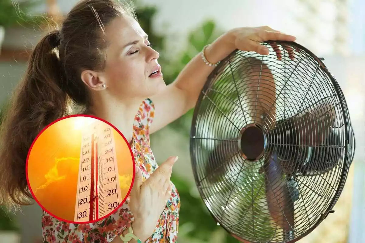 Muntatge d´una dona davant d´un ventilador amb molta calor al costat de la imatge d´un termòmetre amb altes temperatures
