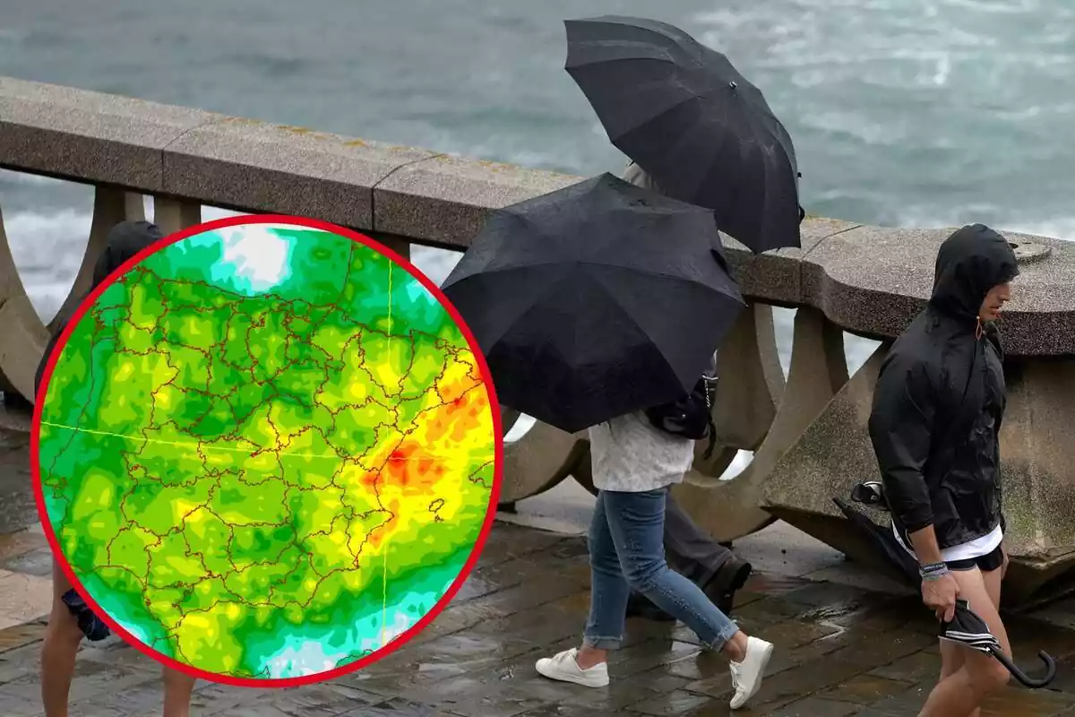Muntatge amb un temporal de pluja i gent amb paraigües pel carrer i un cercle amb el mapa de precipitacions de l'AEMET