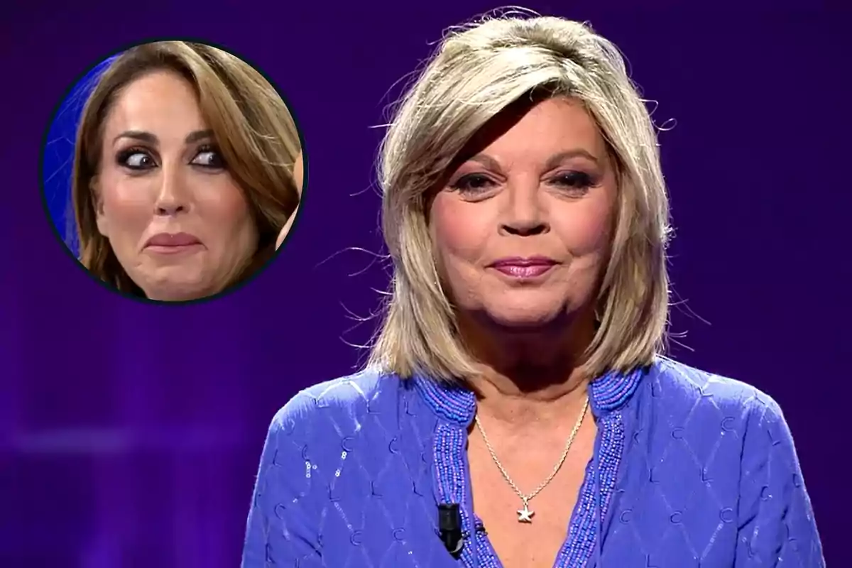 Muntatge amb Terelu Campos, amb un collaret d'estrella i una expressió seriosa, i Beatriz Archidona, dins d'un cercle negre i amb cara de sorpresa.