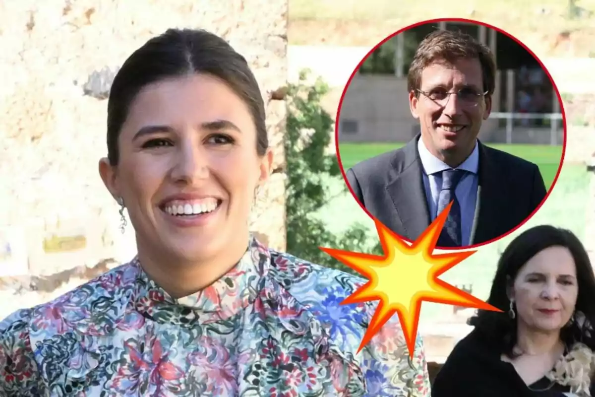 Teresa Urquijo somrient amb una brusa de flors, un cercle vermell amb la imatge de José Luis Martínez-Almeida amb ulleres i vestit, i una explosió groga a la part inferior del cercle.