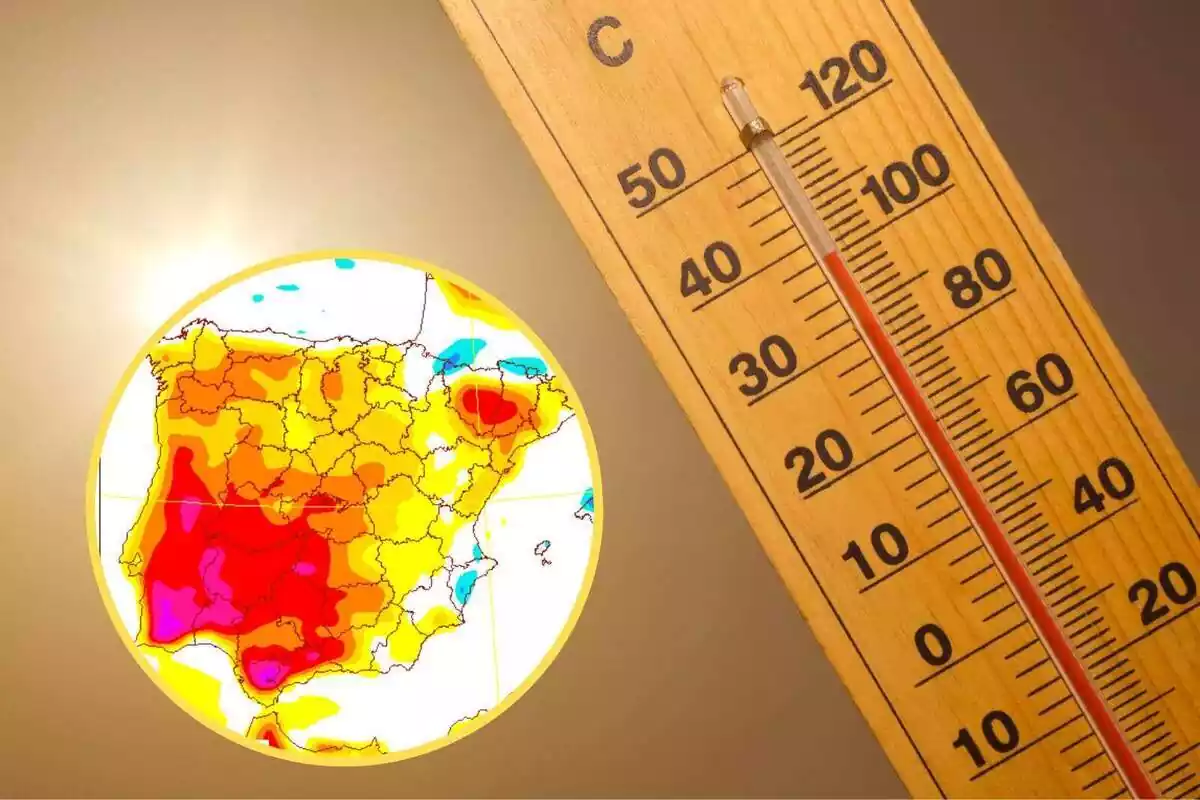 Muntatge amb imatge d'un termòmetre i un cercle amb el mapa de temperatures màximes de l'AEMET