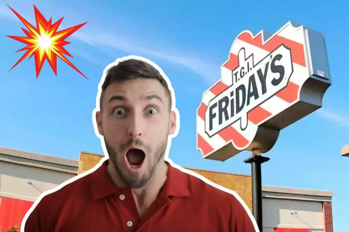 Man surprised in front of a T.G.I. Friday's sign with a blue sky background and a burst graphic.