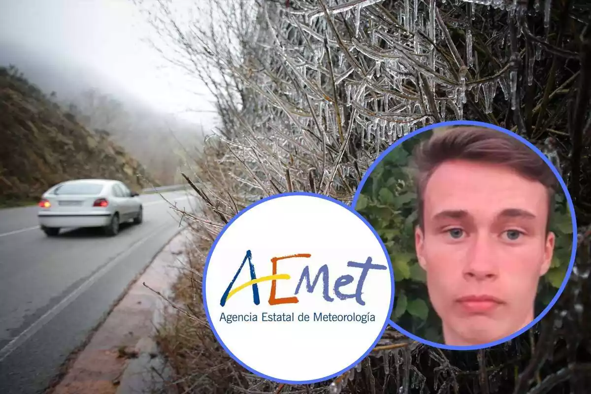 Muntatge amb una carretera i plantes gelades pel fred i dos cercles amb la cara de Jorge Rey i el logotip de l'AEMET. Muntatge amb una carretera i plantes gelades pel fred i dos cercles amb la cara de Jorge Rey i el logotip de l'AEMET.