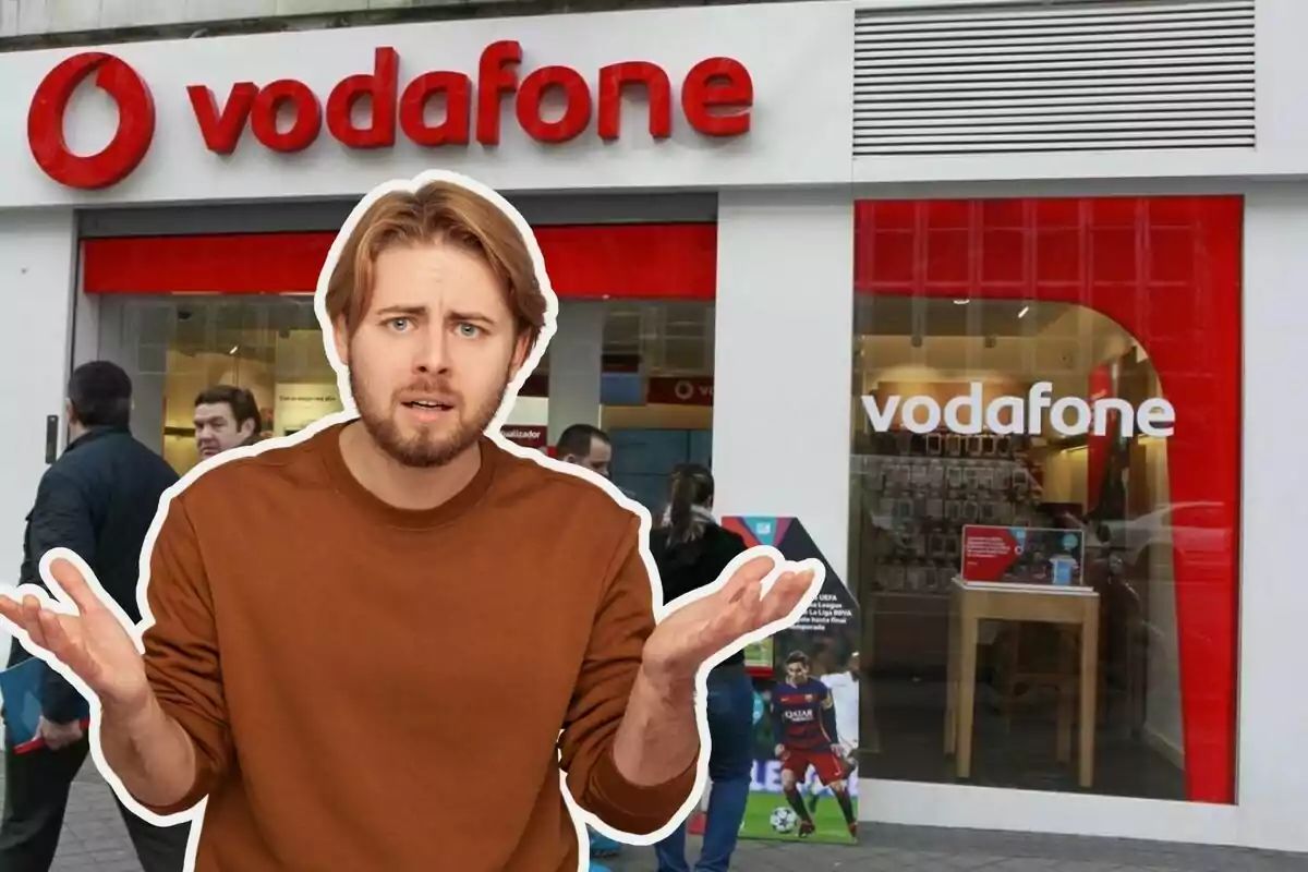 Un home amb expressió de confusió està davant d'una botiga de Vodafone.