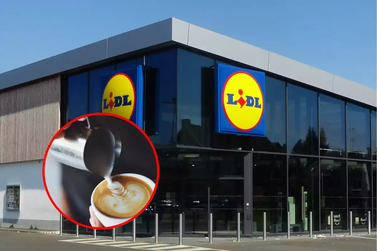 muntatge botiga lidl amb una tassa de cafè dins un cercle vermell