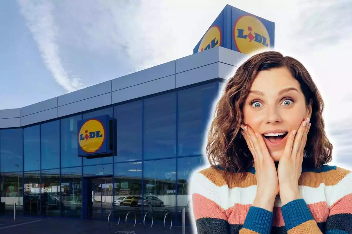 Muntatge amb l'exterior d'una botiga de Lidl i una dona amb cara de sorpresa