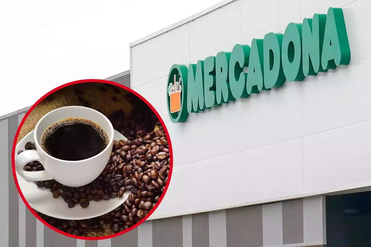 Muntatge amb el rètol a l'exterior d'una botiga de Mercadona i un cercle amb una tassa plena de cafè i grans de cafè