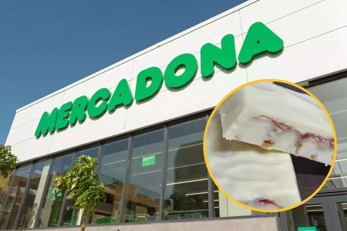 Muntatge amb l'exterior d'una botiga de Mercadona i un cercle amb el torró cheesecake de la cadena