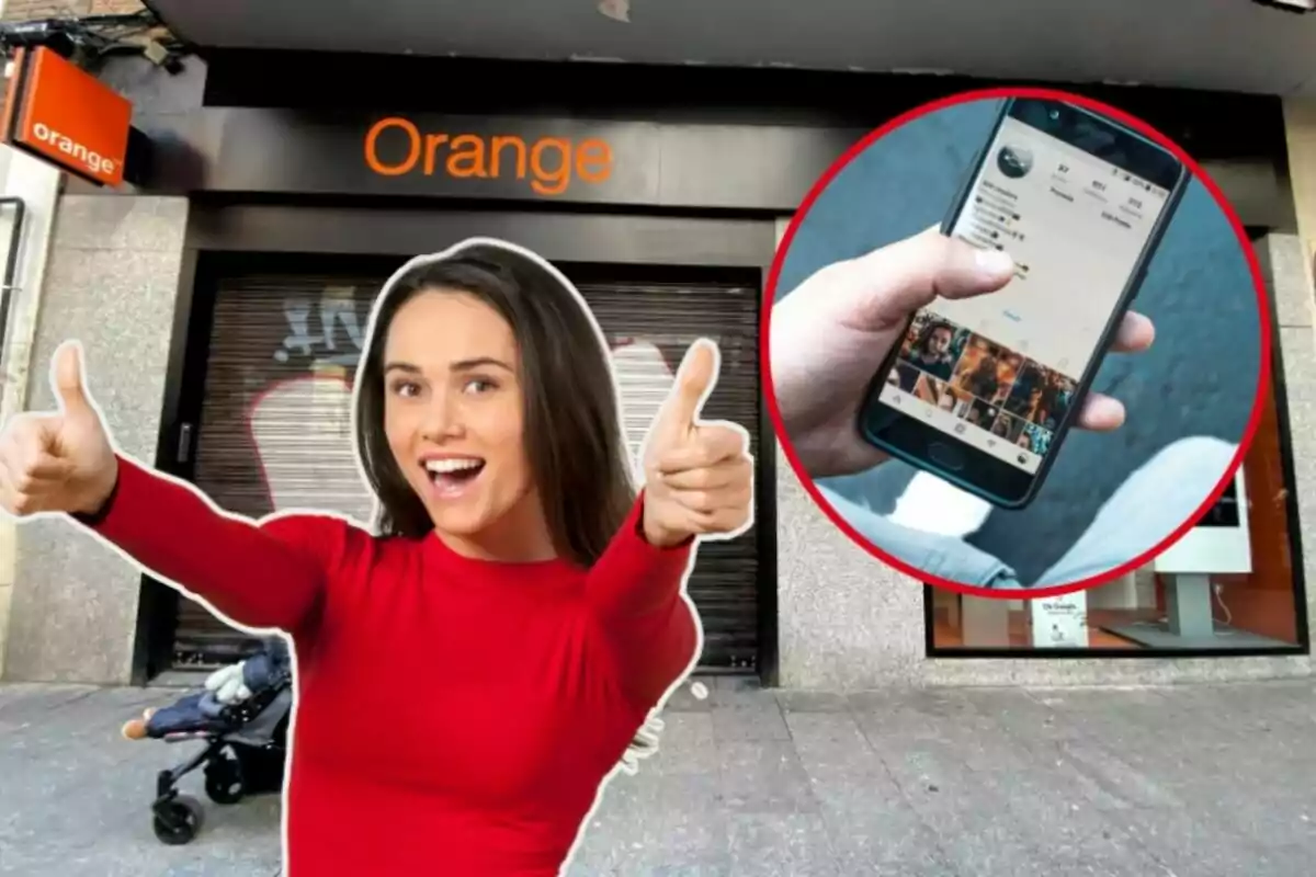 Una dona somrient amb polzes cap amunt davant d?una botiga d?Orange i un primer pla d?una mà sostenint un telèfon mòbil amb una aplicació de xarxes socials oberta.