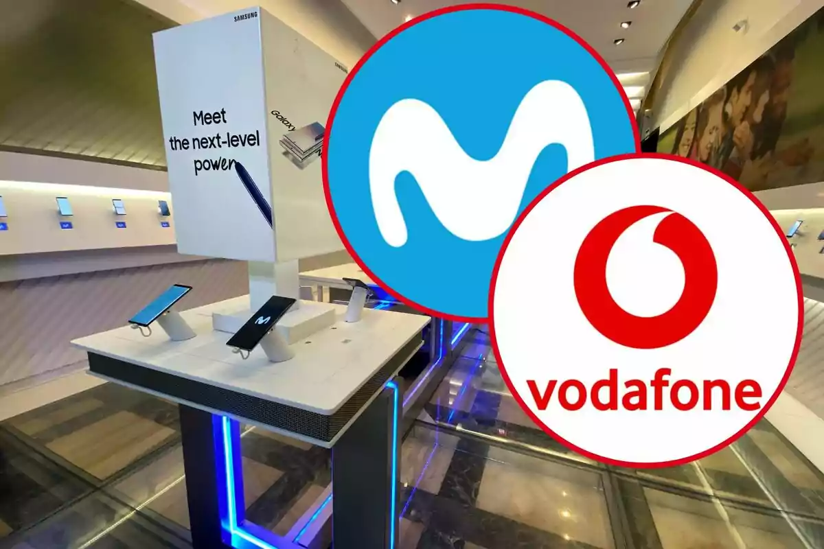 Botiga de tecnologia amb logotips de Movistar i Vodafone superposats.