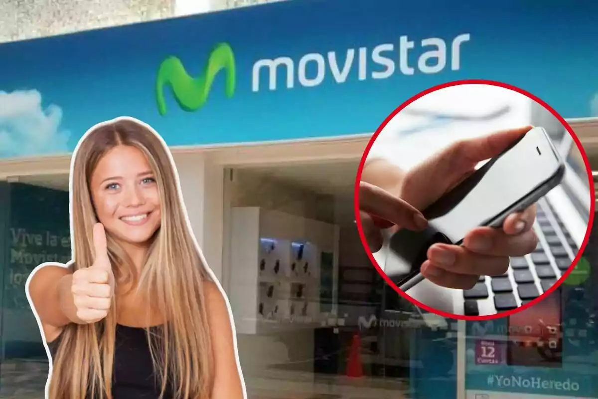 Una dona somrient amb el polze cap amunt davant d?una botiga de Movistar i una imatge d?un telèfon mòbil en un cercle vermell.
