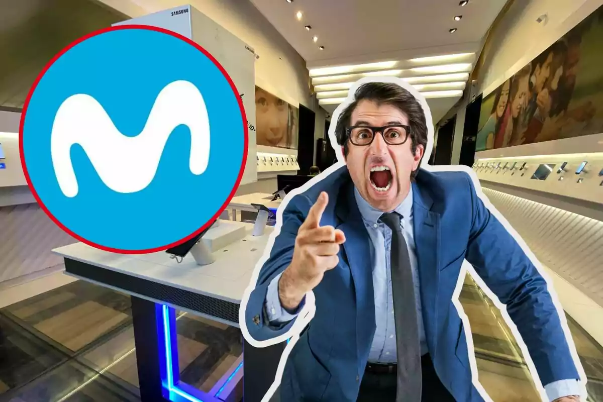 A man with an angry expression in a technology store with a blue and white logo in the background. A man with an angry expression in a technology store with a blue and white logo in the background.