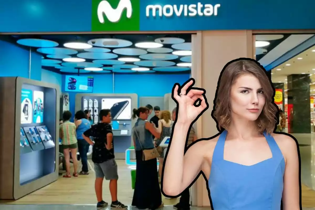 Una botiga de Movistar i una dona fent gest d'aprovació