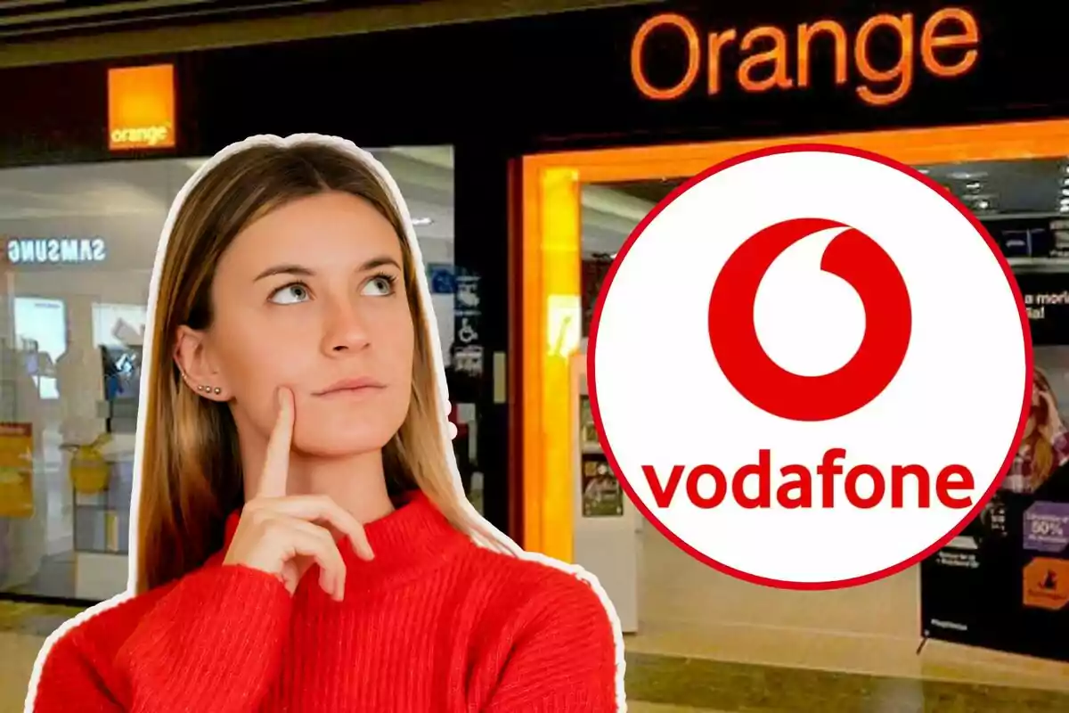 Una dona pensativa davant d'una botiga d'Orange amb el logotip de Vodafone superposat.