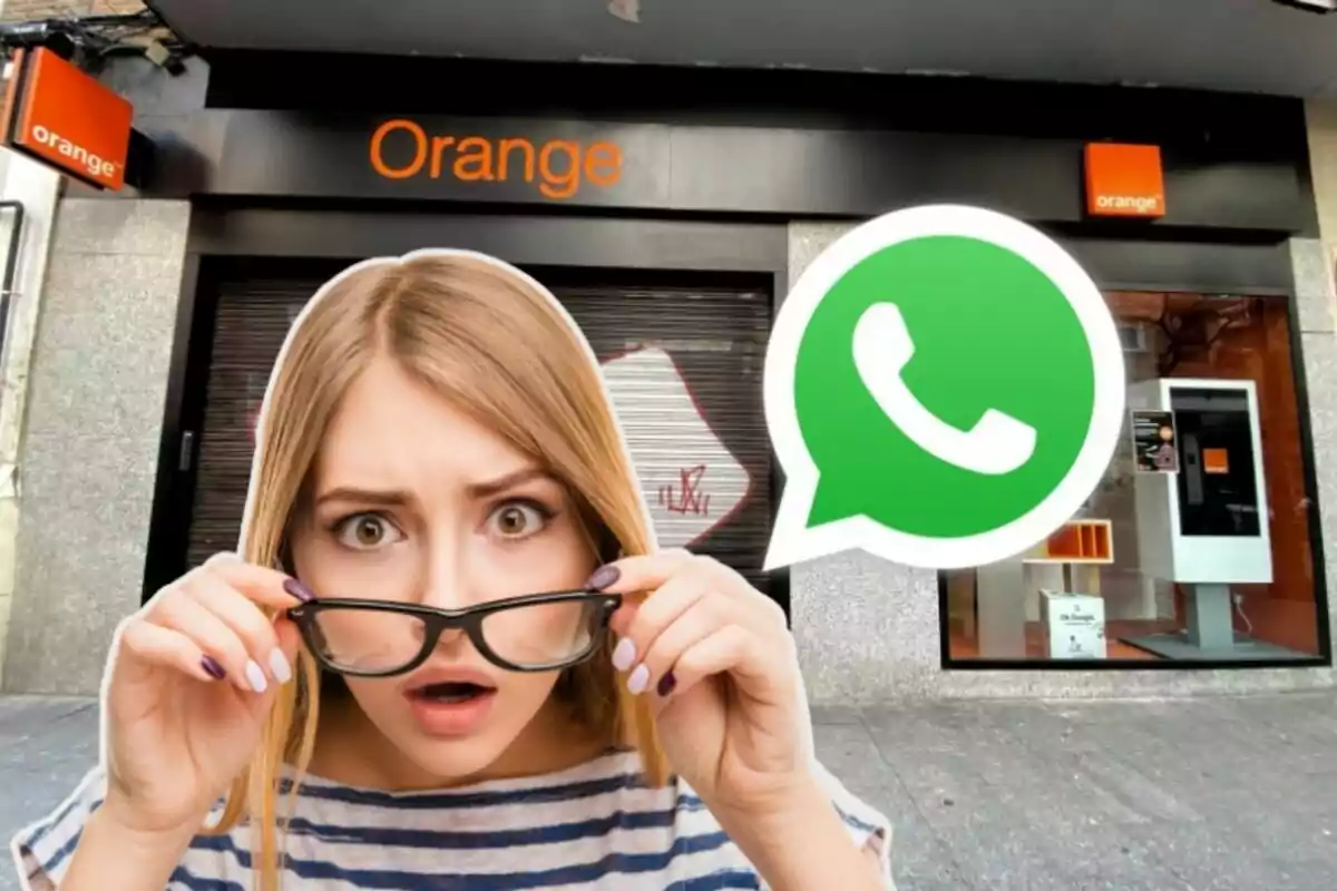 Orange store, with anxious girl and WhatsApp logo