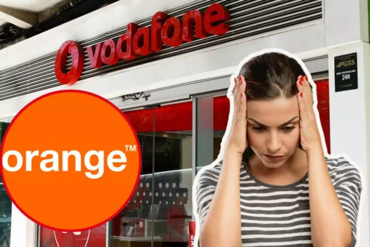 Dona amb gest de preocupació davant d'una botiga de Vodafone i el logotip d'Orange.