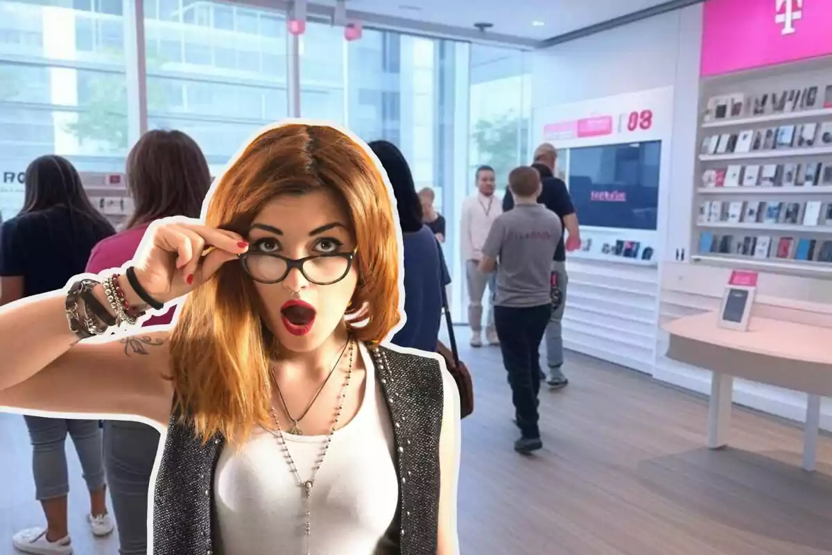 A woman with a surprised expression and glasses in a technology store with several people in the background.