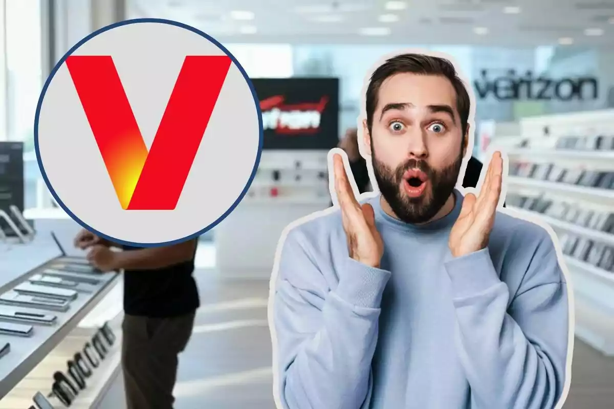 Un hombre con expresión de sorpresa en una tienda de tecnología con un logotipo grande de Un hombre con expresión de sorpresa en una tienda de tecnología con un logotipo grande de