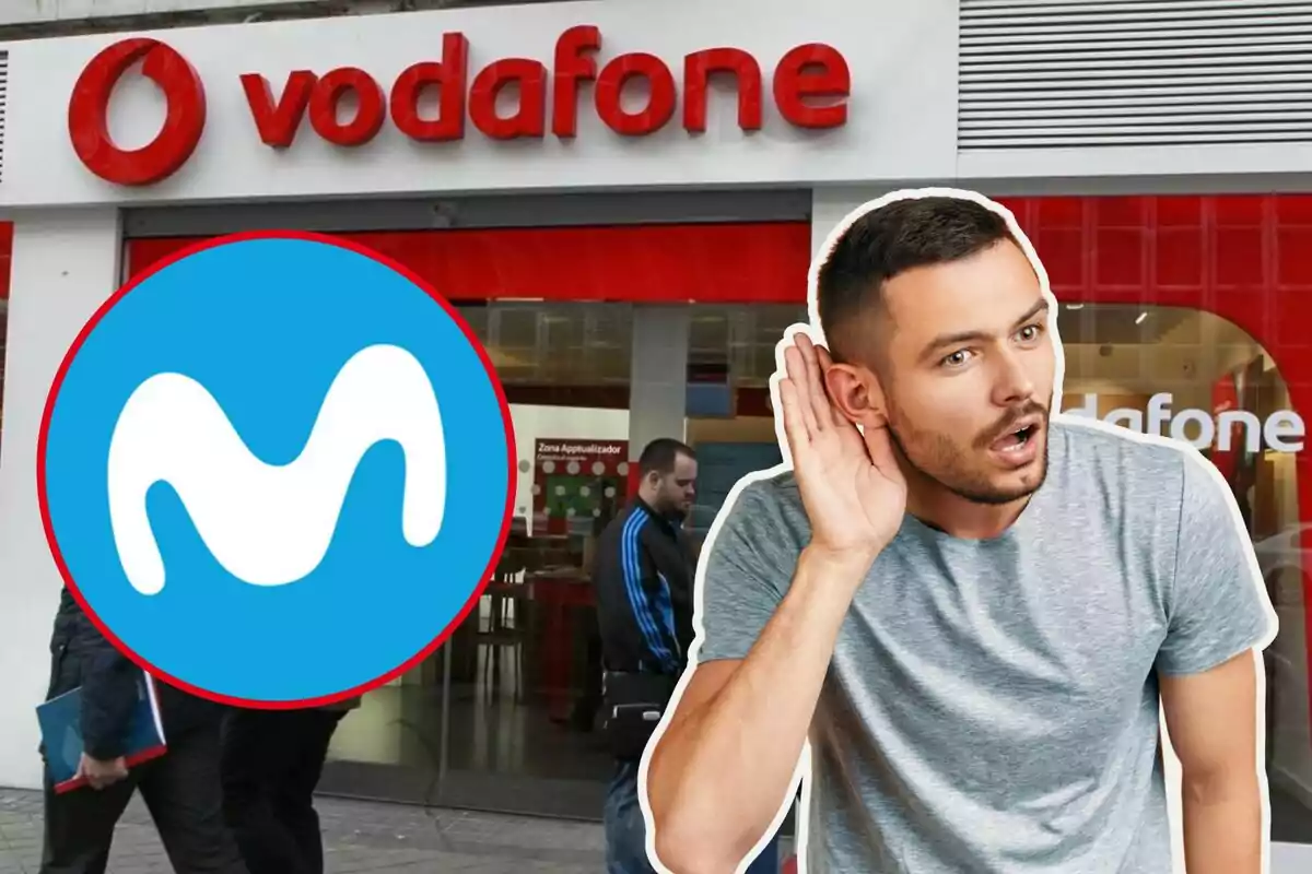 Un home amb una expressió de sorpresa i gest d'escoltar, amb el logotip de Movistar superposat sobre una botiga de Vodafone.