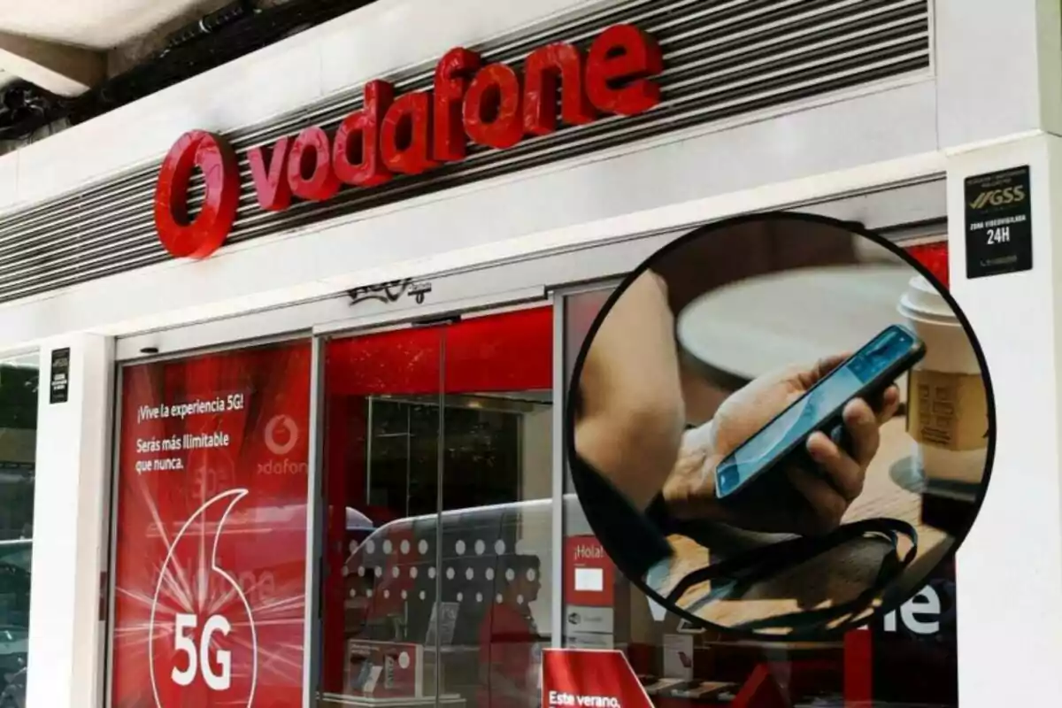 Muntatge amb una botiga de la companyia Vodafone i una persona aguantant el mòbil a la mà