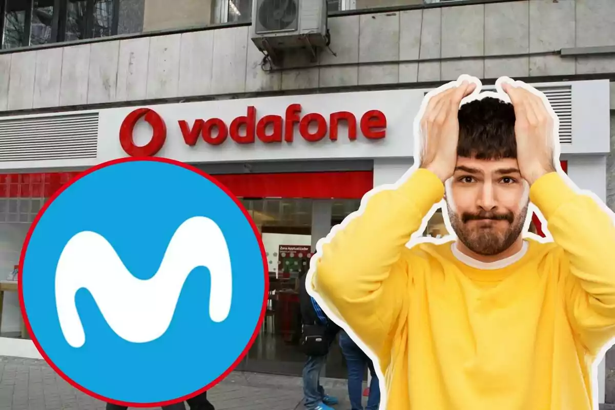 Un home amb gest de preocupació davant d'una botiga de Vodafone, amb el logotip de Movistar superposat a la imatge.