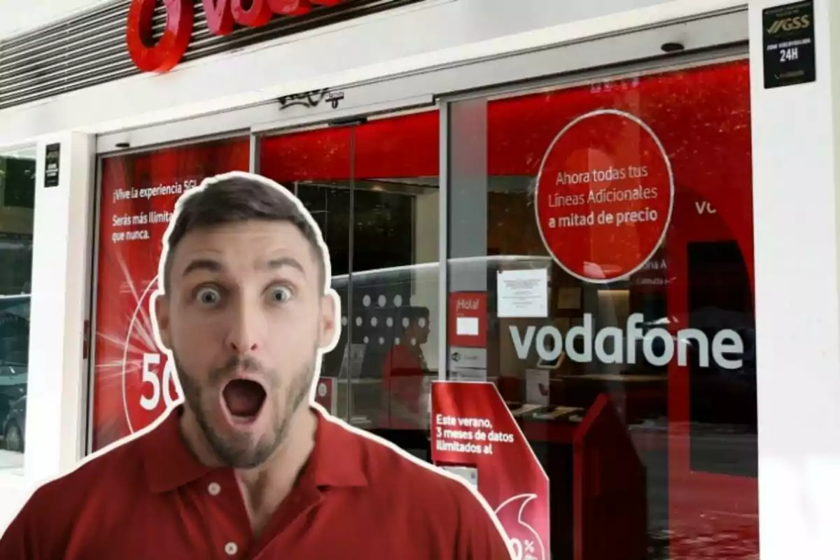 Un home amb expressió de sorpresa davant d'una botiga de Vodafone.