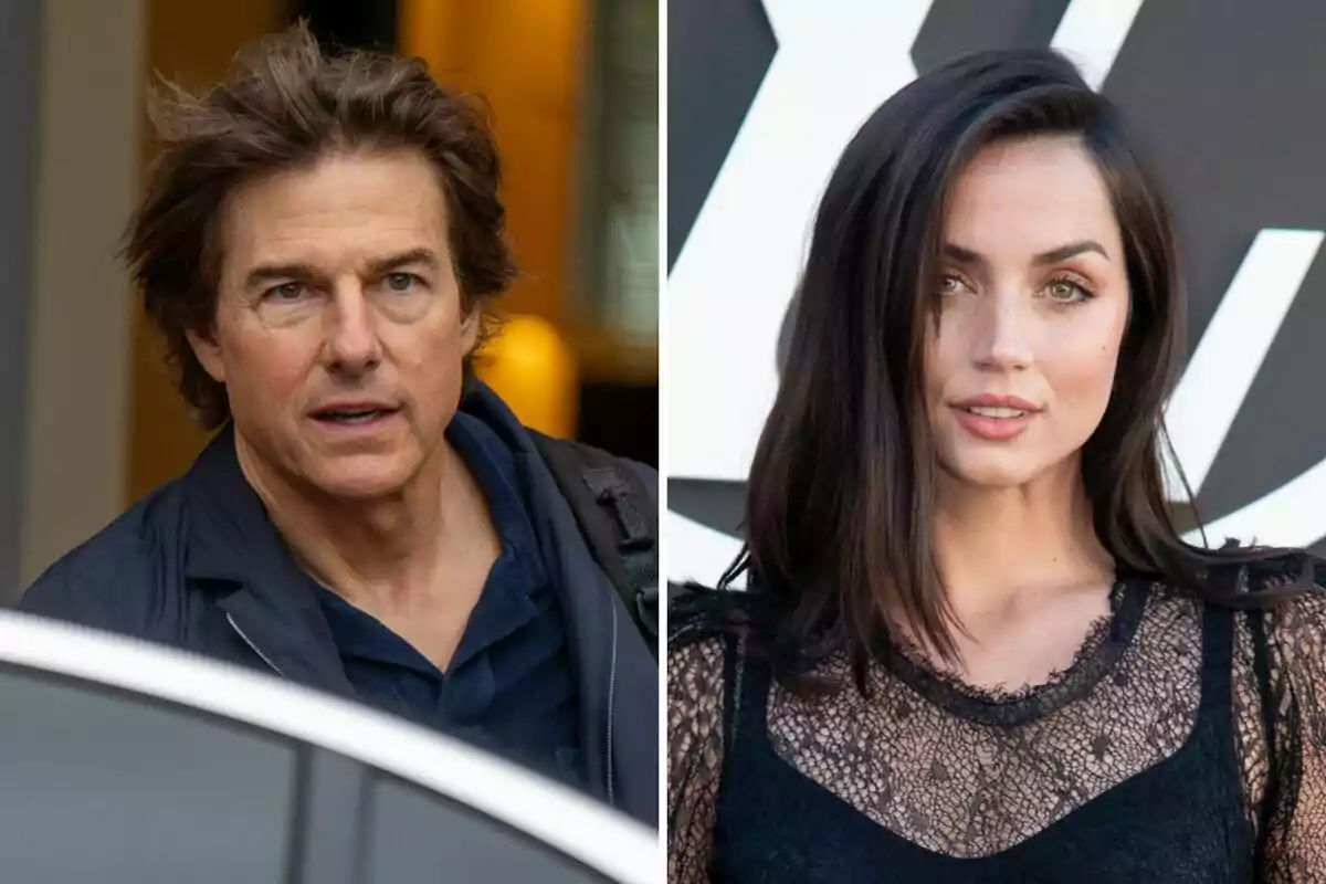 Tom Cruise and Ana de Armas posing in different settings, one with brown hair and a dark jacket, and the other with long dark hair, wearing a lace blouse. Tom Cruise and Ana de Armas posing in different settings, one with brown hair and a dark jacket, and the other with long dark hair, wearing a lace blouse.