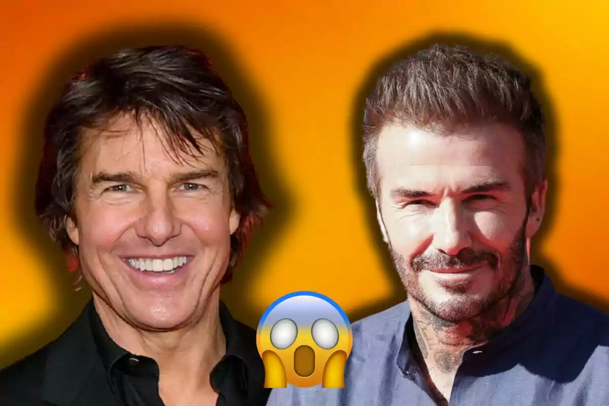 Tom Cruise and David Beckham smiling with an orange background and a surprised emoji in the center.
