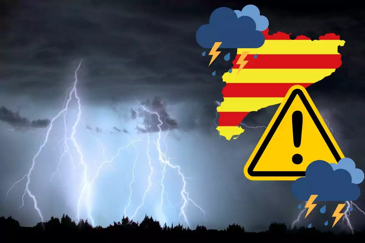 Mapa de Cataluña con iconos de tormenta y señal de advertencia sobre un fondo de relámpagos. Mapa de Cataluña con iconos de tormenta y señal de advertencia sobre un fondo de relámpagos.