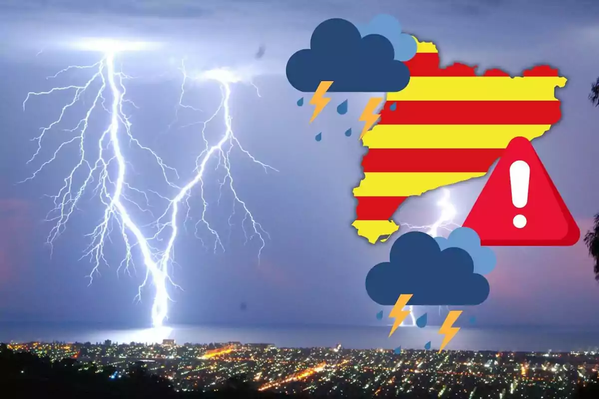 A thunderstorm lights up the night sky over a city with a map of Catalonia on the right side showing weather alert icons and storm clouds. A thunderstorm lights up the night sky over a city with a map of Catalonia on the right side showing weather alert icons and storm clouds.