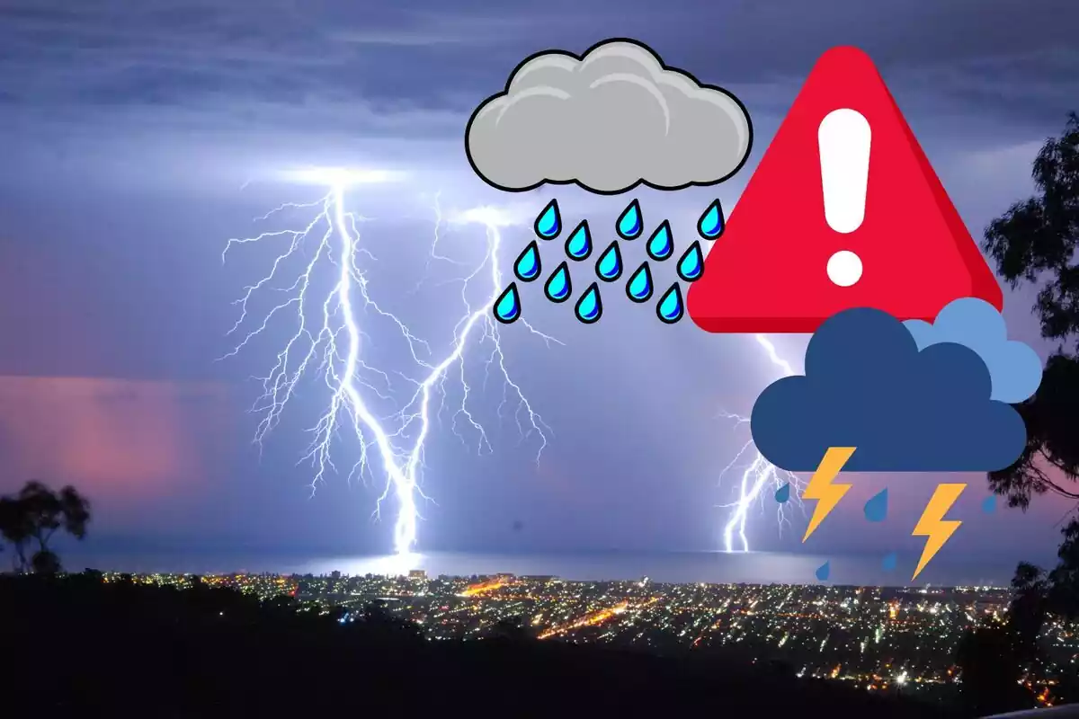 Montage with a general shot of a thunderstorm, a warning sign and icons of clouds, rain and lightning