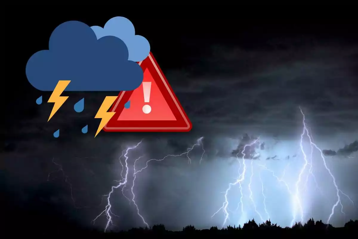 Montage of a thunderstorm, an icon of a cloud with lightning and rain and the warning sign Montage of a thunderstorm, an icon of a cloud with lightning and rain and the warning sign